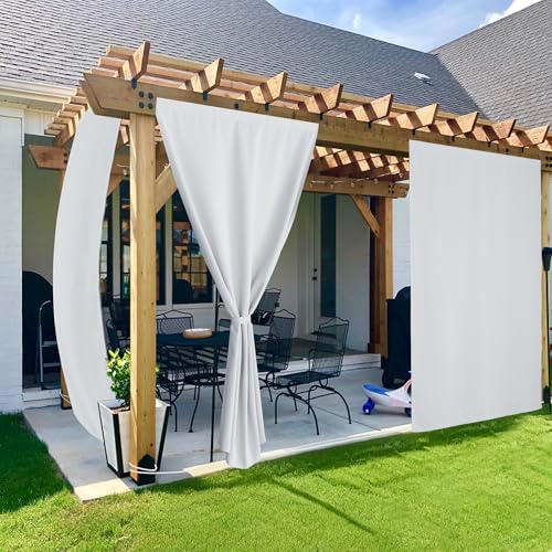 PONY DANCE Outdoorvorhänge mit Klettverschluss und Verdeckten Schlaufen Outdoor Vorhang Wetterfest Sonnenschutz Gardinen für Pavillon & Terrasse 2er Set H 213 x B 132 cm, Grau-weiß von PONY DANCE