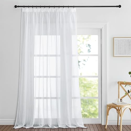 PONY DANCE Raumtrenner Vorhang für Schienensystem Wohnzimmer Gardine Weiss Transparent 1er-Set H 220 x B 300 cm Weiße Vorhänge Leinenoptik Kräuselband Extra Breite Gardinen Durchsichtig von PONY DANCE