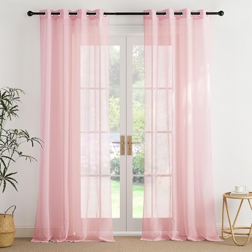 PONY DANCE Rosa Vorhang Kinderzimmer Voile Gardinen Transparent Ösenschal 2er Set H 260 x B 140 cm Wohnzimmer Vorhänge mit Ösen Durchsichtig Extra Lange Gardine Leinenoptik von PONY DANCE