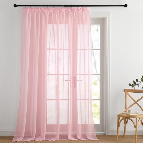 PONY DANCE Rosa Vorhang Kinderzimmer Voile Gardinen Transparent für Schienensystem 2er Set H 245 x B 300 cm Wohnzimmer Vorhänge mit Kräuselband Durchsichtig Extra Breite Gardine Leinenoptik von PONY DANCE