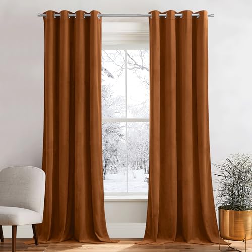 PONY DANCE Samt Gardinen Wohnzimmer Modern Samt Vorhang Thermo Kälteschutz 2er Set H 240 x B 132 cm Weiche und Schwere Samtvorhänge mit Ösen Verdunkelnde Vorhäng (Gewicht: 300g/m²), Karamell von PONY DANCE