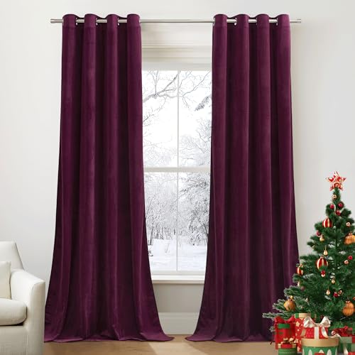 PONY DANCE Samt Gardinen Wohnzimmer Thermovorhang mit Ösen 2er Set Verdunkelde Vorhänge Samt Thermogardine Kälteschutz Velvet Blackout Curtains for Living Room, H 240 x B 132 cm, Rotwein von PONY DANCE