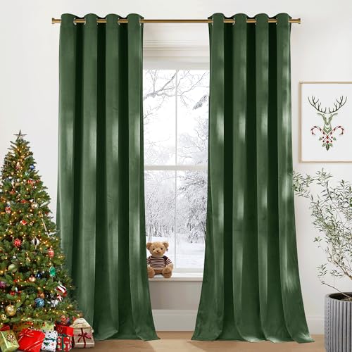 PONY DANCE Samt Gardinen mit Ösen 2er Set Wohnzimmer Vorhänge Weihnachten Deco Thermovorhang Kälteschutz Schwerer Samtvorhang Verdunkelungsvorhang, H 220 x B 132 cm, Matcha Grün von PONY DANCE