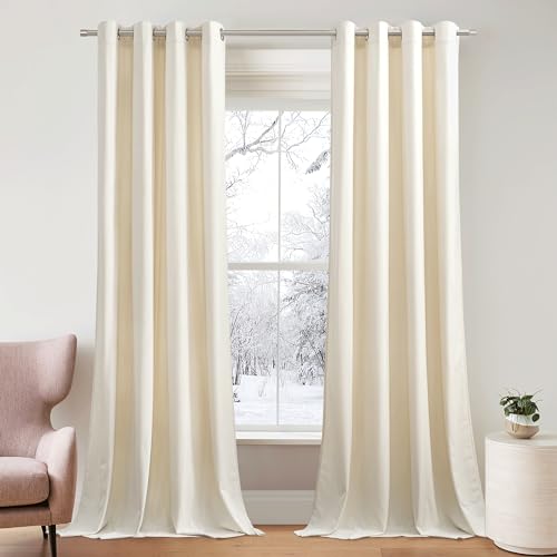 PONY DANCE Samt Vorhänge Wohnzimmer Ösenschal 2er Set H 240 x B 132 cm Weiche und Schwere Gardinen Samt Creme (300g/m²) Thermovorhang Kälteschutz Samtvorhang mit Ösen Gardinen Verdunkelnd von PONY DANCE