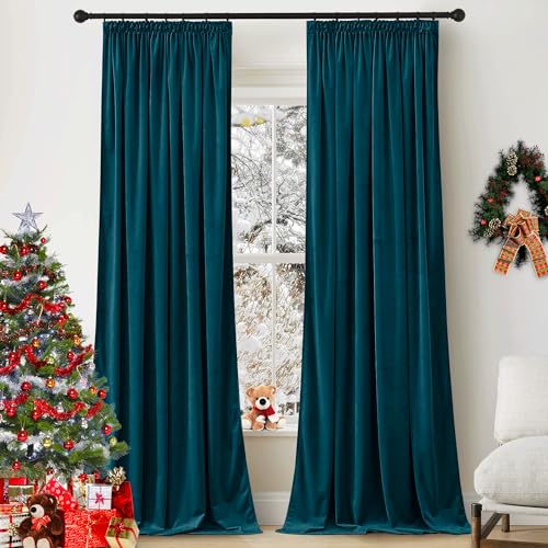 PONY DANCE Samt Vorhänge Wohnzimmer Samtvorhang 2er Set H 280 x B 132 cm Samt Gardinen mit Kräuselband Blickdicht Thermo Vorhang gegen Kälte Verdunklungsgardine, Pfauenblau (Gewicht: 300g/m²) von PONY DANCE