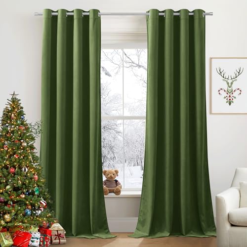 PONY DANCE Samtvorhänge Olivgrün Gardinen Samt Blickdicht Ösenvorhang 2er Set H 240 x B 132 cm Thermogardine Kälteschutz Samt Vorhänge Wohnzimmer Velvet Curtains Blackout (Gewicht: 300g/m²) von PONY DANCE