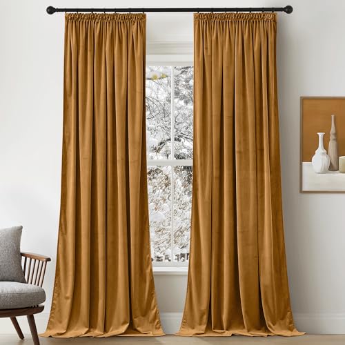 PONY DANCE Samtvorhang Kräuselband Gardinen Samt Gold Wohnzimmer Vorhänge (300g/m²) 2er Set H 240 x B 132 cm Velvet Curtains Living Room Thermovorhang Kälteschutz Verdunkelungsvorhang Goldbraun von PONY DANCE