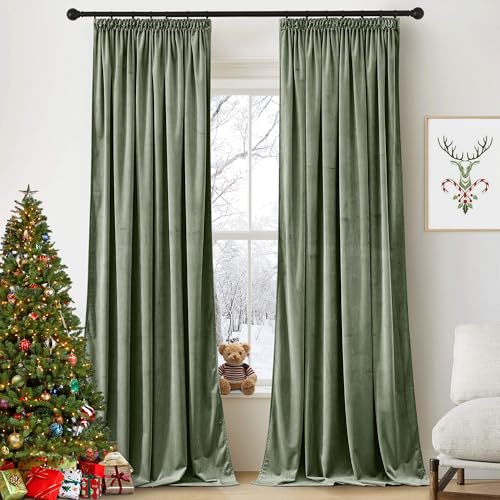 PONY DANCE Samtvorhang Kräuselband Samt Vorhänge Wohnzimmer 2er Set Gardinen Samt Salbeigrün Velvet Blackout Curtains (Gewicht: 300g/m²) Thermovorhang Kälteschutz Schiene, H 240 x B 132 cm von PONY DANCE