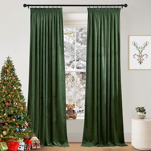 PONY DANCE Samtvorhang Kräuselband Wohnzimmer Gardinen Samt Grün 2er Set Velvet Blackout Curtains with Rail Hooks Thermovorhang Kälteschutz Schiene, H 260 x B 132 cm, Matcha Grün von PONY DANCE