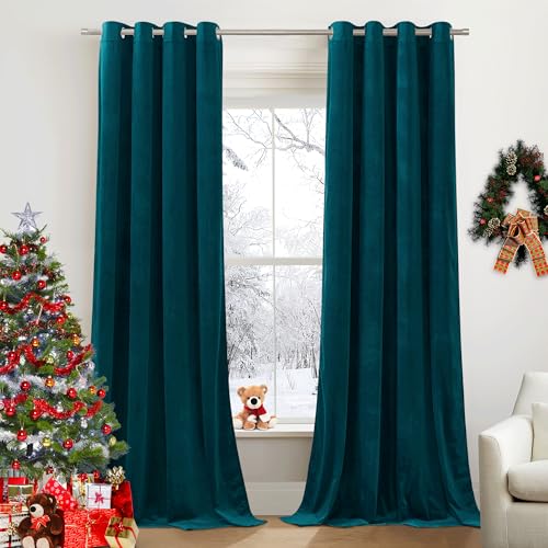 PONY DANCE Samtvorhang Ösen Wohnzimmer Gardinen Samt (300g/m²) Schwerer Vorhang Thermo Kälteschutz 2er Set H 220 x B 132 cm Velvet Curtains Living Room Verdunklungsgardine, Pfauenblau von PONY DANCE