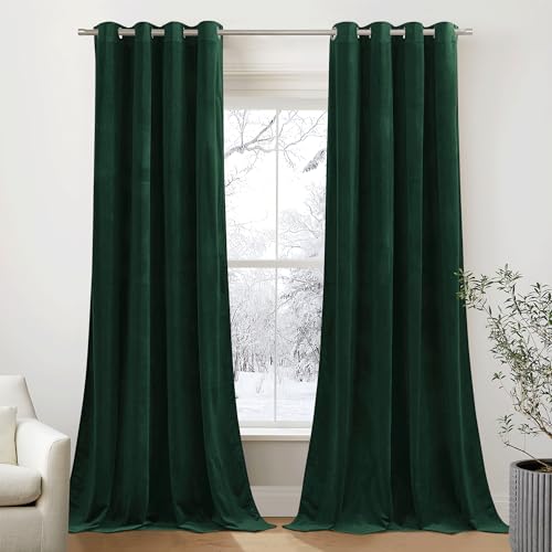 PONY DANCE Samtvorhang mit Ösen 2er Set Samt Gardinen Dunkelgrün Blickdichte Gardinen Wohnzimmer Modern Velvet Thermal Curtains Thermovorhang Kälteschutz Winter, H 280 x B 132cm (Gewicht: 300g/m²) von PONY DANCE