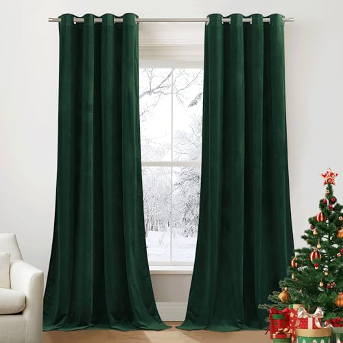 PONY DANCE Samtvorhang mit Ösen 2er Set Samt Gardinen Dunkelgrün Blickdichte Vorhänge Wohnzimmer Modern Velvet Thermal Curtains Thermovorhang Kälteschutz, H 280 x B 132cm (Gewicht: 300g/m²) von PONY DANCE