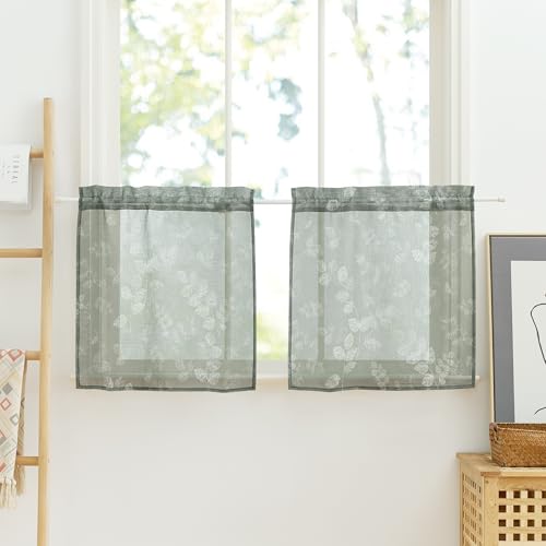 PONY DANCE Scheibengardinen 60 cm Hoch Fenster Vorhang Salbeigrün Transparent mit Weißem Blattmuster Kurze Gardinen 2er Set B 60 x H 60 cm Leinenoptik Küchengardinen mit Stangedurchzug von PONY DANCE