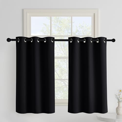 PONY DANCE Scheibengardinen Blickdicht Kurzgardinen Küche Ösenschal 2er Set H 90 x B 106 cm Verdunklungsvorhänge Kurz Küchenfenster Vorhang Lichtundurchlässig, Schwarz von PONY DANCE