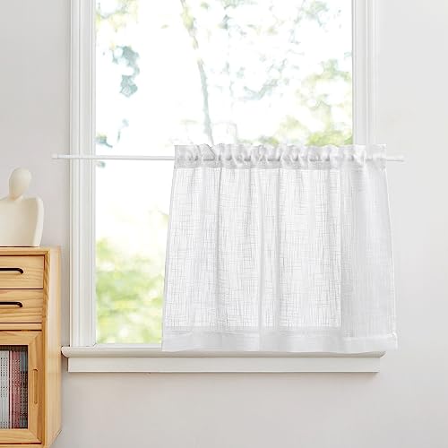 PONY DANCE Scheibengardinen Küche Gardinen Kurz Fenster Vorhänge Weiss Halbtransparent Leinenoptik Bistrogardine für Wohnmobil mit Stangedurchzug 1er Set B 90 x H 60 cm von PONY DANCE