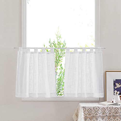 PONY DANCE Scheibengardinen Küche Leinentextur Kurzvorhang Weiss Halbtransparent Bistrogardinen Modern Curtains Living Room Schlaufenvorhang Weiß 2er Set B 60 x H 120 cm von PONY DANCE