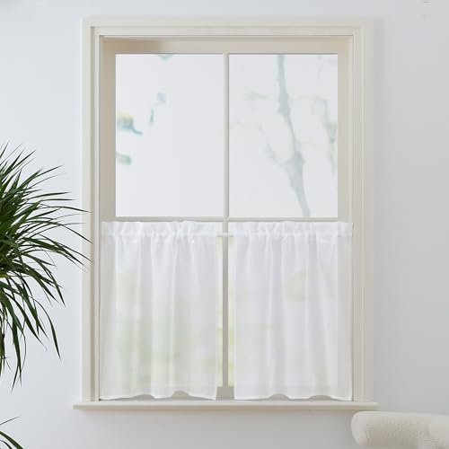 PONY DANCE Scheibengardinen Kurz Fenstergardinen 2er Set B 60 x H 45 cm Leinenoptik Gardinen Weiss Transparent Küchengardinen Fenster Wohnwagen Vorhänge mit Stangedurchzug von PONY DANCE