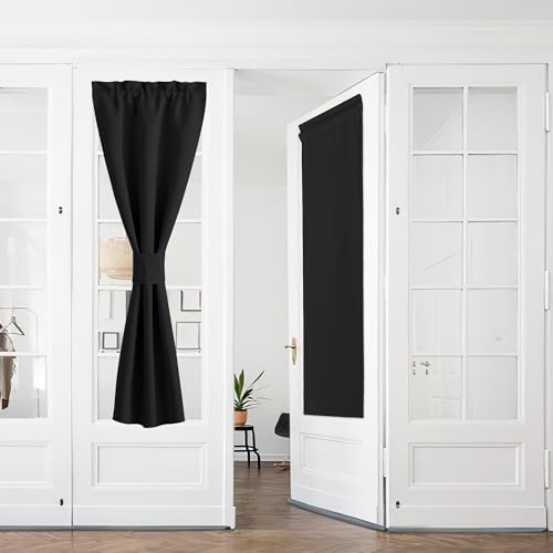 PONY DANCE Scheibengardinen Lang Blickdichte Vorhänge Wohnzimmer Bistrogardine 2er Set Verdunklungsvorhänge Französischer Türvorhang mit Stangedurchzug B 60 x H 240 cm, Schwarz von PONY DANCE