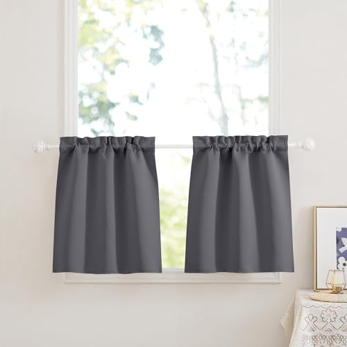 PONY DANCE Scheibengardinen Blickdicht Kurze Gardinen mit Stangedurchzug 2er Set B 60 x H 120 cm Verdunklungsvorhänge für Kleine Fenster Wohnzimmer, Grau von PONY DANCE