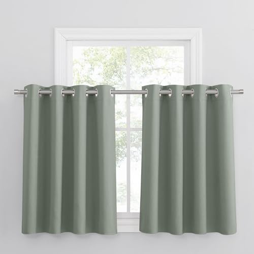 PONY DANCE Scheibengardinen Wohnzimmer Ösenvorhang 2er Set Verdunkelungsvorhang Kurz Gardine Küche Blickdichte Vorhänge mit Ösen, H 90 x B 132 cm, Salbeigrün von PONY DANCE
