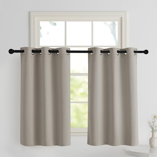 PONY DANCE Scheibengardinen Wohnzimmer Ösenvorhang 2er Set Verdunkelungsvorhang Kurz Gardine für Küche Blickdichte Vorhänge Thermo Hitzeschutz, H 90 x B 106 cm, Sandfarben von PONY DANCE
