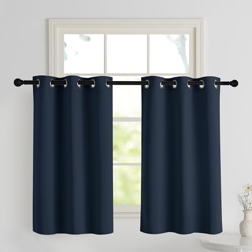PONY DANCE Scheibengardinen für Kleine Fenster 2 Stücke H 90 x B 106 cm Kurzvorhang Blickdicht Bistrogardine Küchen Gardinen Wärmeisolierend Verdunkelungsvorhang Ösen, Dunkelblau von PONY DANCE