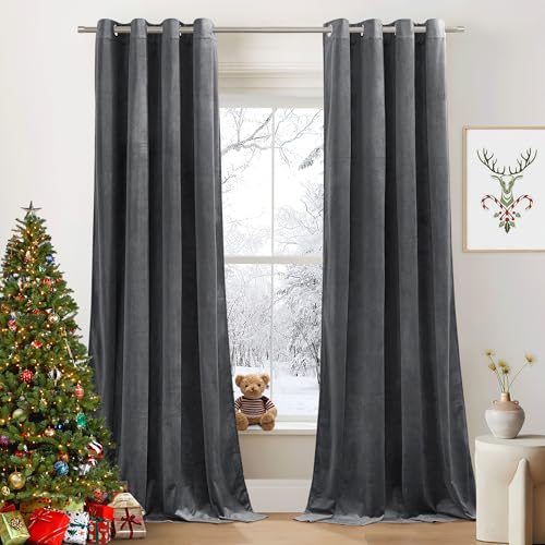 PONY DANCE Schlafzimmer Gardinen Samt Grau (300g/m²) Schwere Vorhänge Kälteschutz Thermogardine Samtvorhang mit Ösen Verdunkelnde Gardinen Velvet Blackout Curtains, 2er Set H 220 x B 132 cm von PONY DANCE