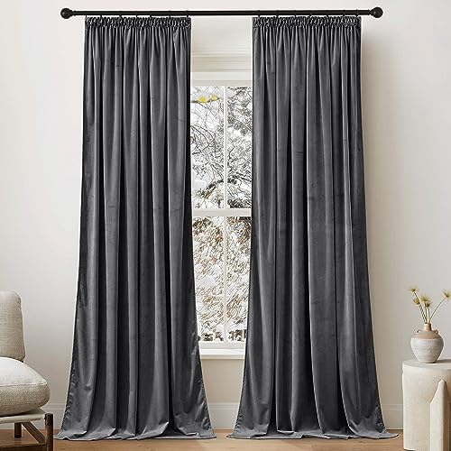 PONY DANCE Schlafzimmer Gardinen Samt Thermovorhang mit Kräuselband 2er Set Velvet Curtains (300g/m²) Schwere Vorhänge Kälteschutz Verdunklungsvorhänge für Schiene Samtvorhang, H 220 x B 132 cm von PONY DANCE