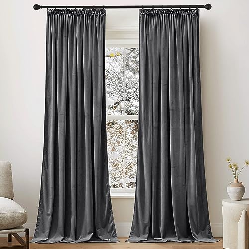 PONY DANCE Schlafzimmer Gardinen Samt Thermovorhang mit Kräuselband 2er Set Velvet Curtains (300g/m²) Schwere Vorhänge Kälteschutz Verdunklungsvorhänge Samtvorhang Blickdicht, H 220 x B 132 cm von PONY DANCE