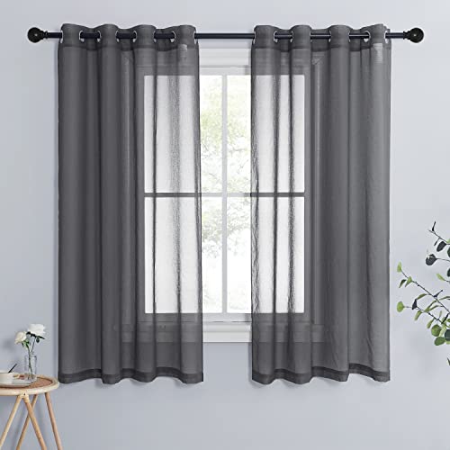 PONY DANCE Schlafzimmer Gardinen und Vorhänge Leinenoptik Vorhang Grau Transparent Fenstervorhänge für Wohnzimmer Übergardinen mit Ösen, 2er Set H 160 x B 140 cm, Dunkelgrau von PONY DANCE
