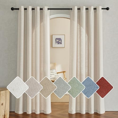 PONY DANCE Schlafzimmr Gardinen im Landhausstil Leinenvorhänge Natur Ösenvorhang 2er Set Boho Vorhänge Leinenoptik Halbtransparente Gardinen Linen Curtains for Living Room, H 220 x B 140 cm von PONY DANCE