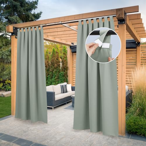 PONY DANCE Terrasse Vorhänge Outdoor Gardinen Wasserdicht Schlaufenschal 2er Set Balkon Vorhang Sichtschutz Outdoorvorhänge Wetterfest mit Klettverschluss, H 243 x B 132 cm, Salbeigrün von PONY DANCE
