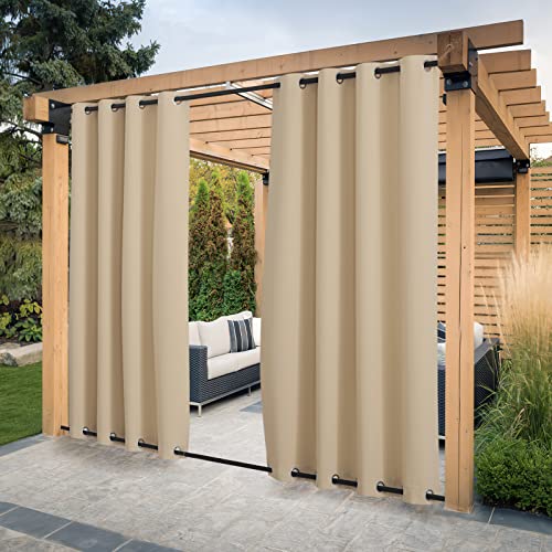 PONY DANCE Terrasse Vorhang Outdoor Sonnenschutz & Windschutz 2er Set Outdoor Gardinen Wasserdicht Outdoorvorhänge Wetterfest mit Ösen (Oben & Unten), H 213 x B 132 cm, Biscotti Beige von PONY DANCE