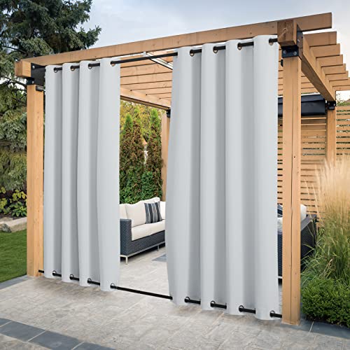 PONY DANCE Outdoor Vorhang Wetterfest mit Ösen (Oben & Unten) 2er Set Outdoorvorhänge für Windschutz Balkon Vorhang Wasserdicht Outdoor Gardinen für Pavillon & Terrasse, H 213 x B 132 cm, Grau-weiß von PONY DANCE