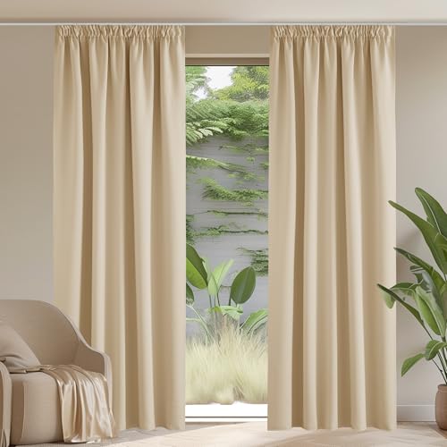 PONY DANCE Thermovorhang gegen Hitze Wohnzimmer Gardinen mit Kräuselband 2er Set H 300 x B 140 cm Verdunklungsgardine für Schienensystem Vorhang Blickdicht, Biscotti Beige von PONY DANCE
