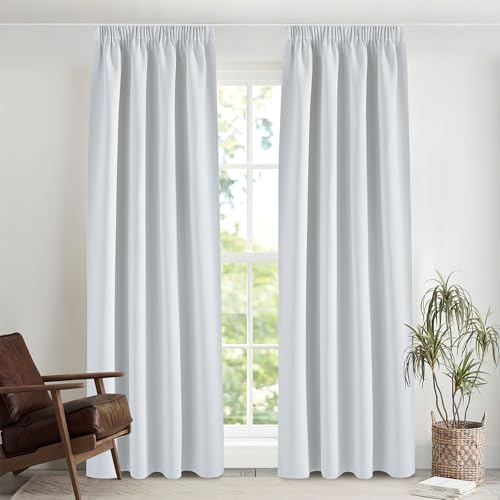 PONY DANCE Thermovorhang Hitzeschutz Kräuselband Gardinen 2er Set H 245 x B 140 cm Wohnzimmer Vorhänge mit Haken für Schienensystem Verdunkelungsvorhang Curtains Blackout, Grau-weiß von PONY DANCE