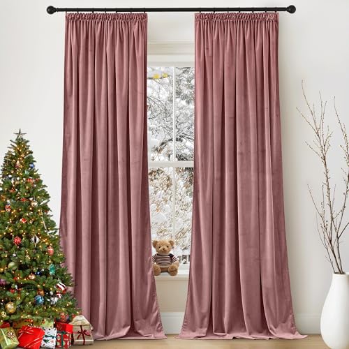 PONY DANCE Thermovorhang Kälteschutz Samt Vorhänge Altrosa (300g/m²) Verdunkelnde Gardinen mit Kräuselband 2er Set Velvet Curtains Living Room Samtvorhang für Schienensystem, H 220 x B 132 cm von PONY DANCE