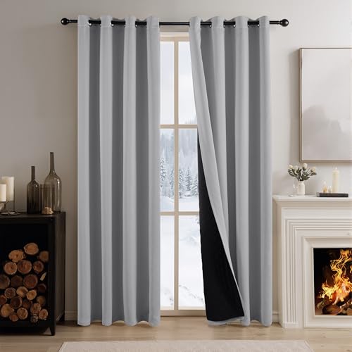 PONY DANCE Thermovorhang Kälteschutz Verdunkelnde Gardinen mit Ösen 2er Set H 200 x B 140 cm Verdunkelungsvorhang Wohnzimmer Doppellagiger Ösenvorhang Blickdicht, Silbergrau von PONY DANCE