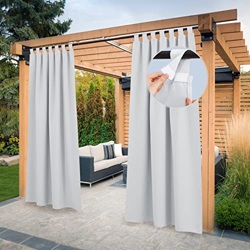 PONY DANCE Outdoor Vorhang Wetterfest 2er Set H 274 x B 132 cm Balkon Vorhang Outdoor Gardinen Wasserdicht Sonnenschutz Terrasse Vorhänge mit Abnehmbaren Schlaufen, Grau-weiß von PONY DANCE