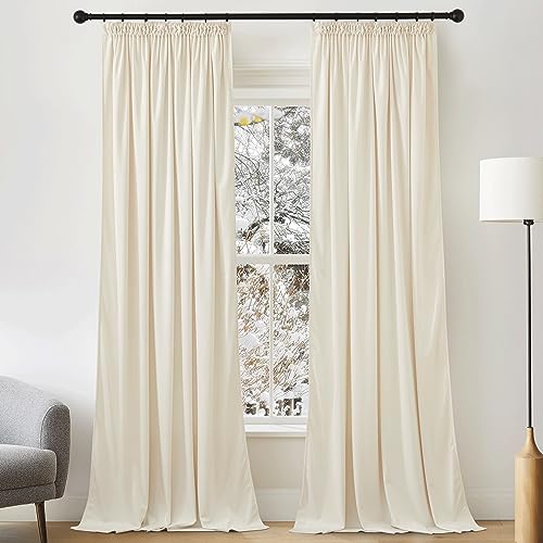 PONY DANCE Übergardinen Wohnzimmer Kurz 2er Set Thermovorhang Samt H 160 x B 132 cm Samtvorhang Creme Kräuselband Gardinen Samt (300g/m²) Velvet Thermal Curtains for Bedroom Thermovorhänge von PONY DANCE