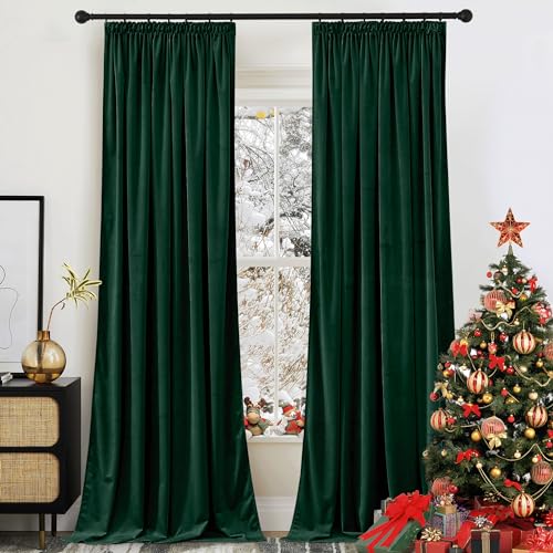 PONY DANCE Übergardinen Wohnzimmer mit Kräuselband Vorhänge Samt 2er Set H 280 x B 132 cm Samtvorhang Dunkelgrün Verdunkelnde Gardinen Samt (300g/m²) Velvet Thermal Curtains for Living Room von PONY DANCE