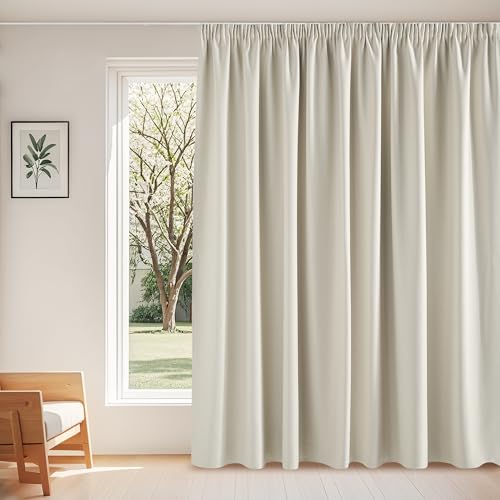 PONY DANCE Übergardinen Wohnzimmer mit Kräuselband Vorhang Blickdicht Schiene 1er Set H 220 x B 300 cm Hellbeige, Thermo Gardine gegen Hitze Verdunklungsgardine Wärmeisolierend von PONY DANCE
