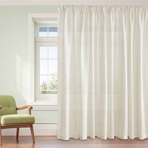 PONY DANCE Übergardinen mit Kräuselband Wohnzimmer Gardinen für Große Fenster 1er-Set H 260 x B 300 cm Schienen Gardinen Vorhang Leinen Halbtransparent Boho Linen Curtains with Rail Hooks, Creme von PONY DANCE