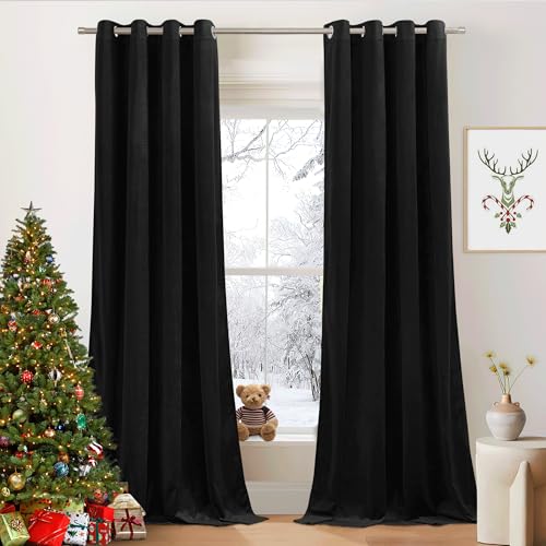 PONY DANCE Velvet Blackout Curtains for Bedroom Ösenschal 2er Set Vorhang Samt Schwarz Thermogardine Wärmeisolierend Verdunkelungsvorhänge Schwere Samtvorhänge (300g/m²), H 240 x B 132 cm von PONY DANCE