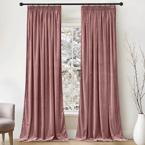 PONY DANCE Velvet Curtains for Living Room Verdunkelungsvorhänge Kräuselband 2er Set Samtvorhänge Altrosa Thermogardinen Kälteschutz Wohnzimmer Gardinen Samt, H 260 x B 132 cm (Gewicht: 300g/m²) von PONY DANCE