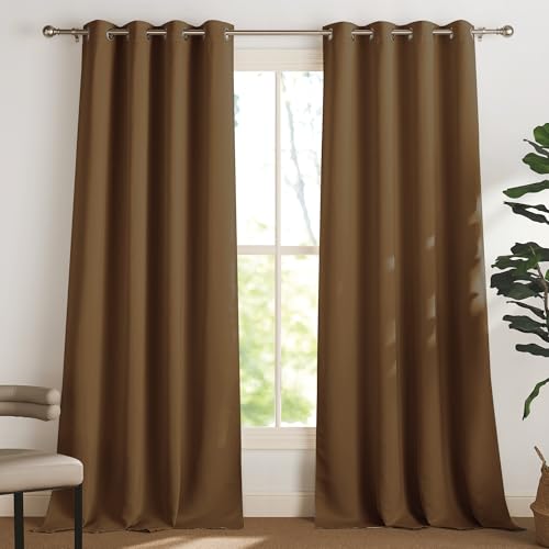 PONY DANCE Verdunkelungsvorhang mit Ösen Gardinen Wohnzimmer Wärmeisolierende Vorhänge Blickdicht Thermogardinen Hitzeschutz Ösenvorhang 2er Set, H 245 x B 140 cm, Goldbraun von PONY DANCE
