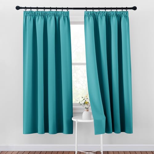 PONY DANCE Verdunklungsgardine Kräuselband 2er Set H 175 x B 140 cm Schlafzimmer Gardinen Verdunkelung für Schienensystem Vorhang Kurz Blickdicht Thermogardine Hitzeschutz, Türkis von PONY DANCE