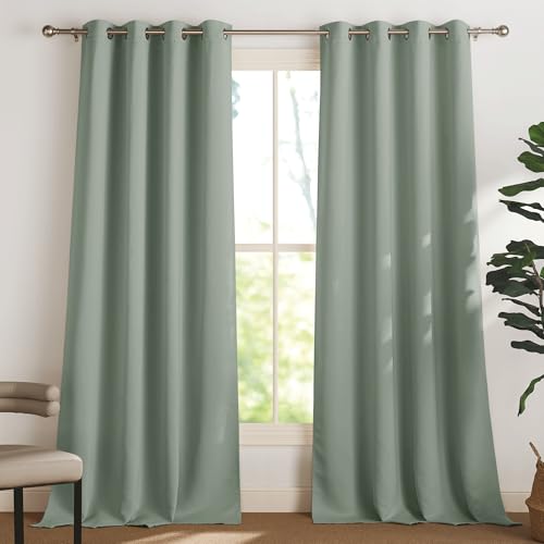 PONY DANCE Verdunklungsvorhänge Salbeigrün Thermovorhang Hitzeschutz mit Ösen 2er Set H 240 x B 132 cm Wärmeisolierende Gardinen Wohnzimmer Modern Ösenvorhang Blickdicht von PONY DANCE