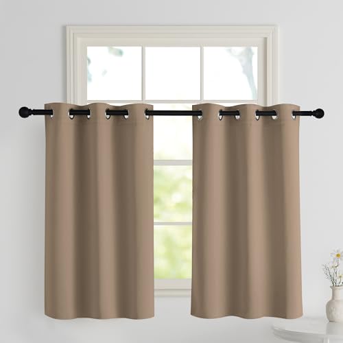 PONY DANCE Verdunklungsvorhänge mit Ösen 2er Set Scheibengardinen Blickdicht Thermovorhang Kurze Gardinen für Küche/Badezimmer Fenster, H 90 x B 106 cm, Cappuccino von PONY DANCE