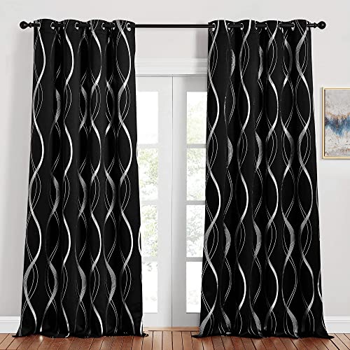 PONY DANCE Abdunkelnde Vorhänge Schlafzimmer Ösenvorhang 2er Set H 245 x B 140 cm Thermo Vorhänge gegen Kälte Blickdichte Gardinen mit Linien-Foliendruck, Schwarz von PONY DANCE